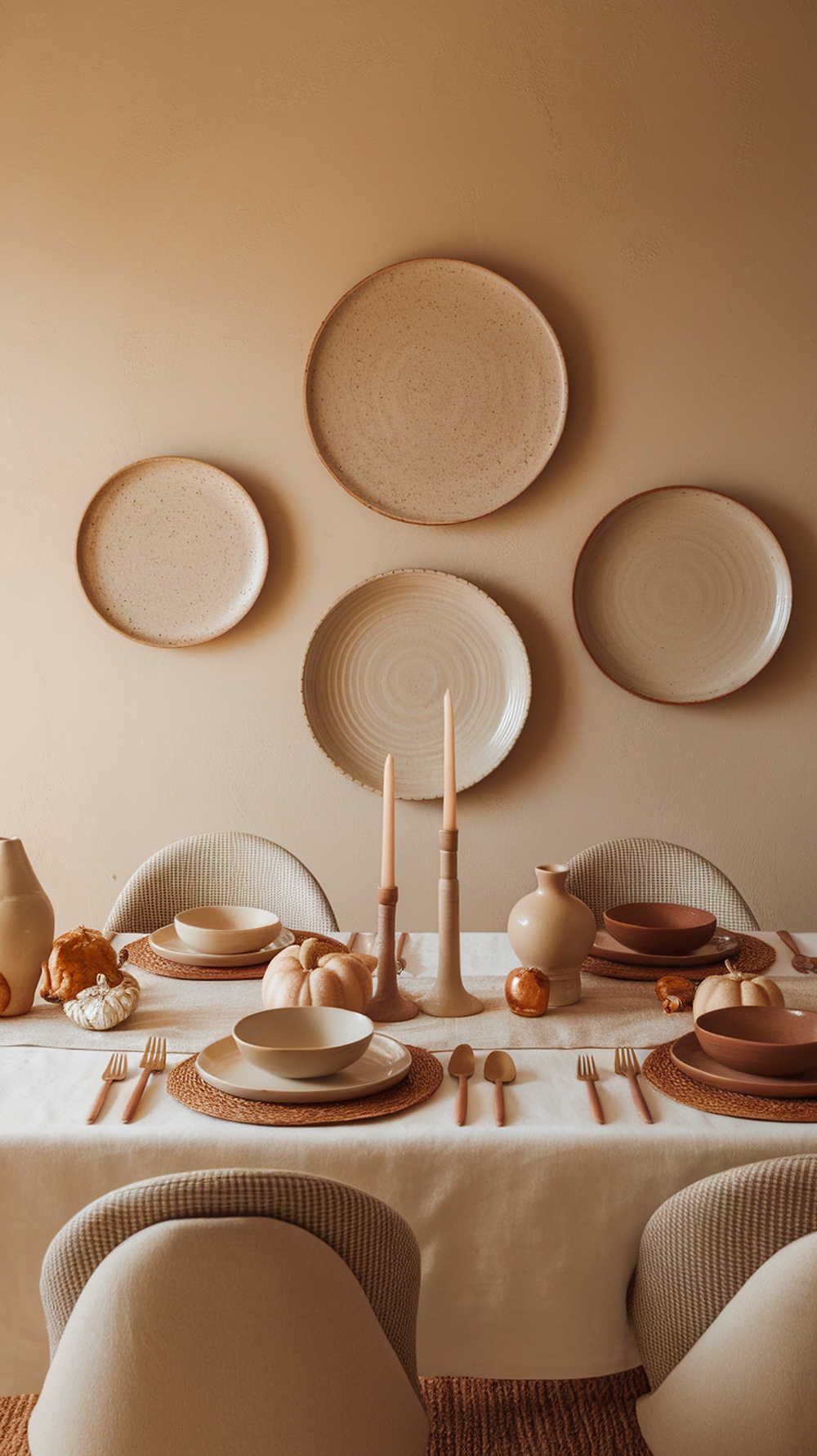A beautifully arranged Thanksgiving table with rustic plates, candles, and small pumpkins.
