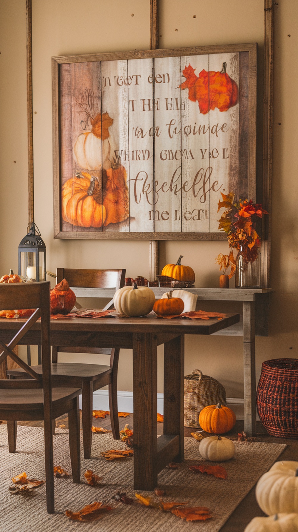 Thanksgiving-themed wall art featuring pumpkins and autumn leaves in a cozy dining setting.