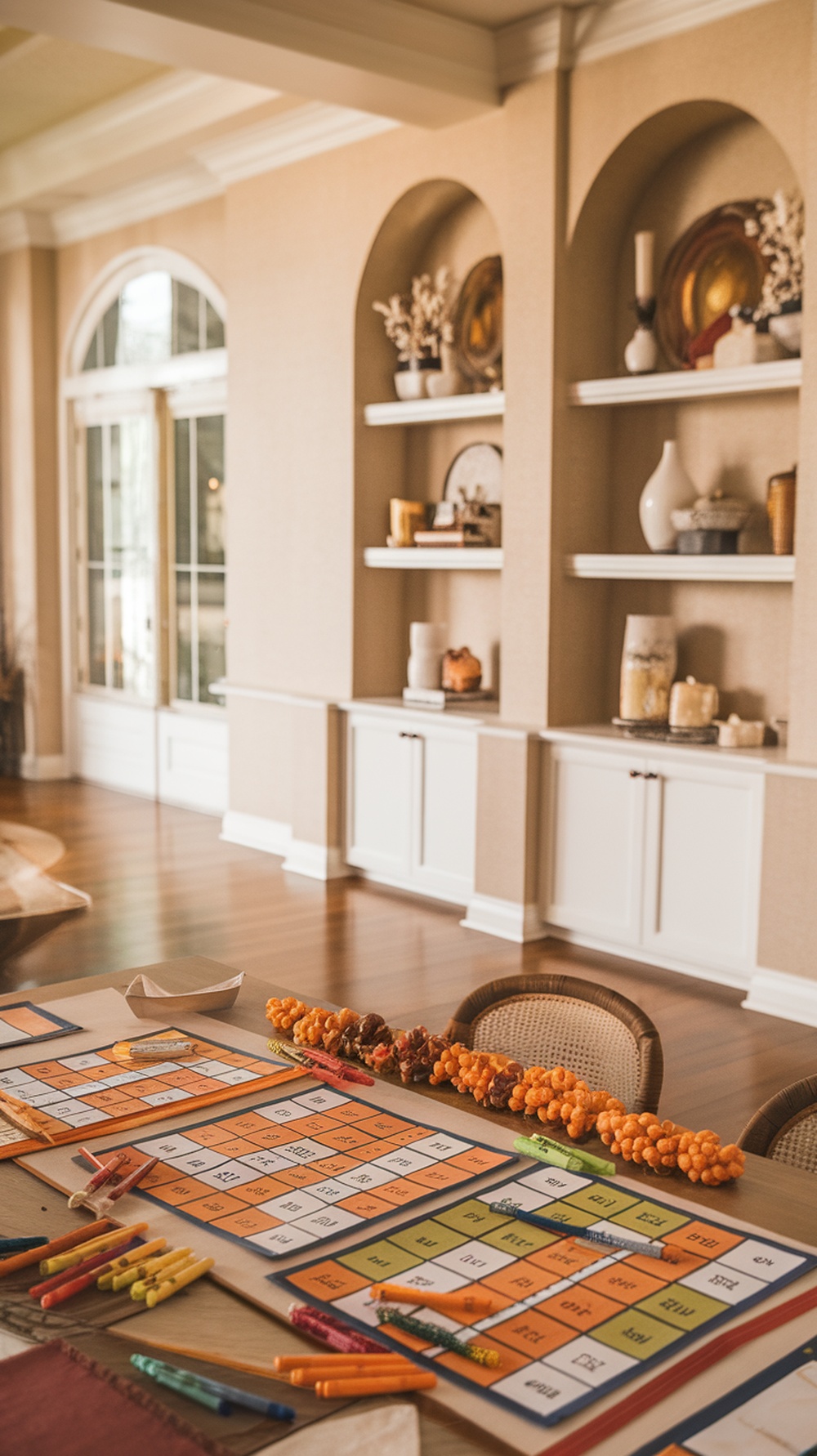 A Thanksgiving Bingo game setup with colorful cards, crayons, and autumn decorations on a table.