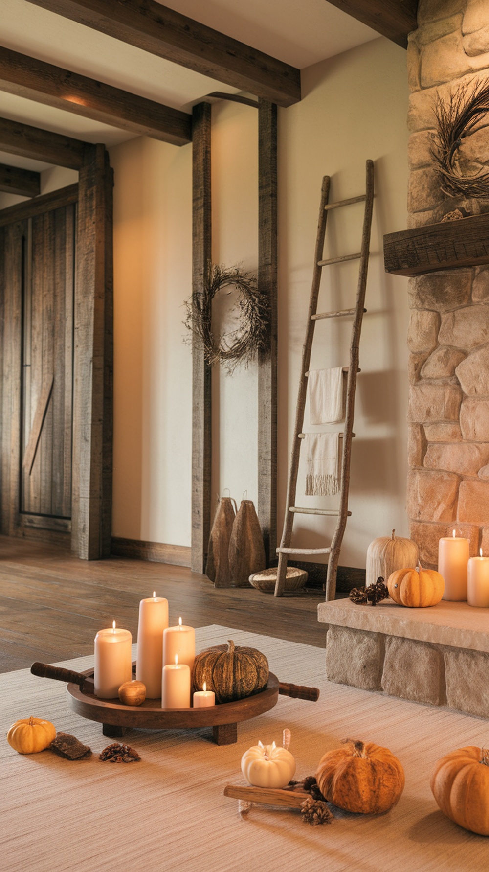 A cozy Thanksgiving setting with candles and pumpkins