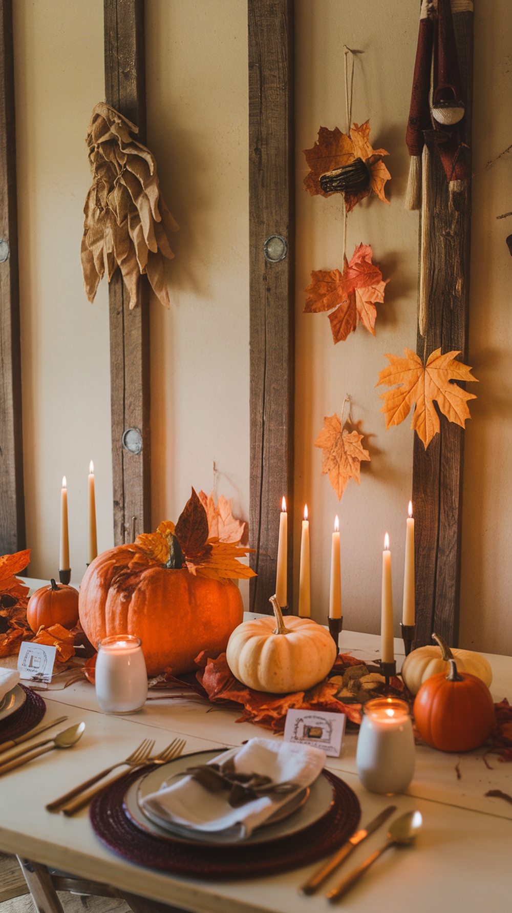 A beautifully decorated Thanksgiving table with pumpkins, candles, and autumn leaves.