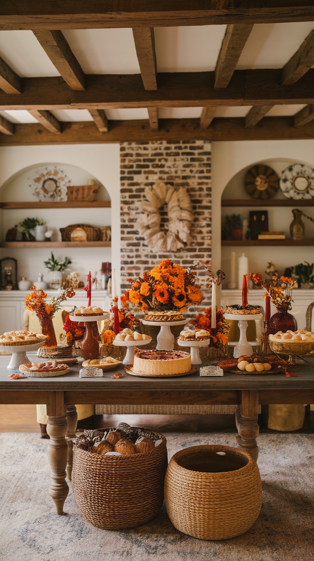 A beautifully arranged Thanksgiving dessert display featuring various pies, cakes, and cookies, adorned with autumn flowers and candles.