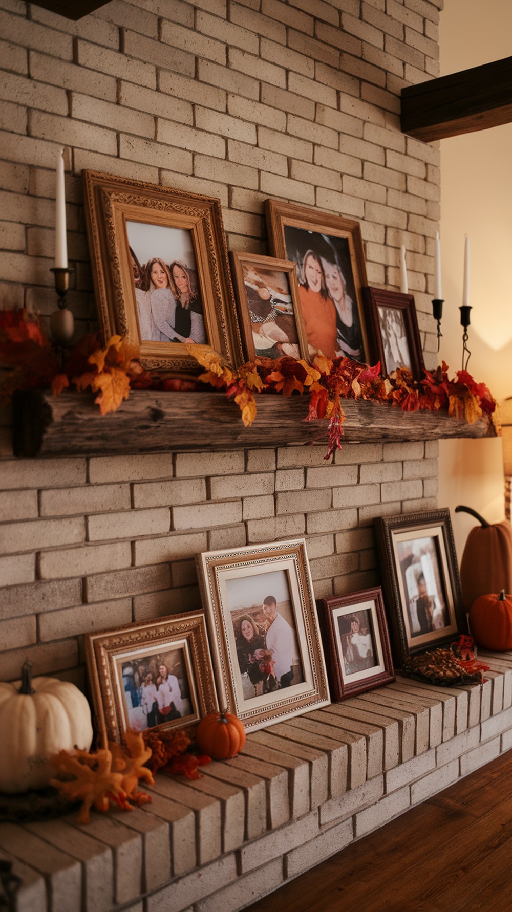 A mantel decorated with family photos and autumn leaves, featuring pumpkins and warm lighting.