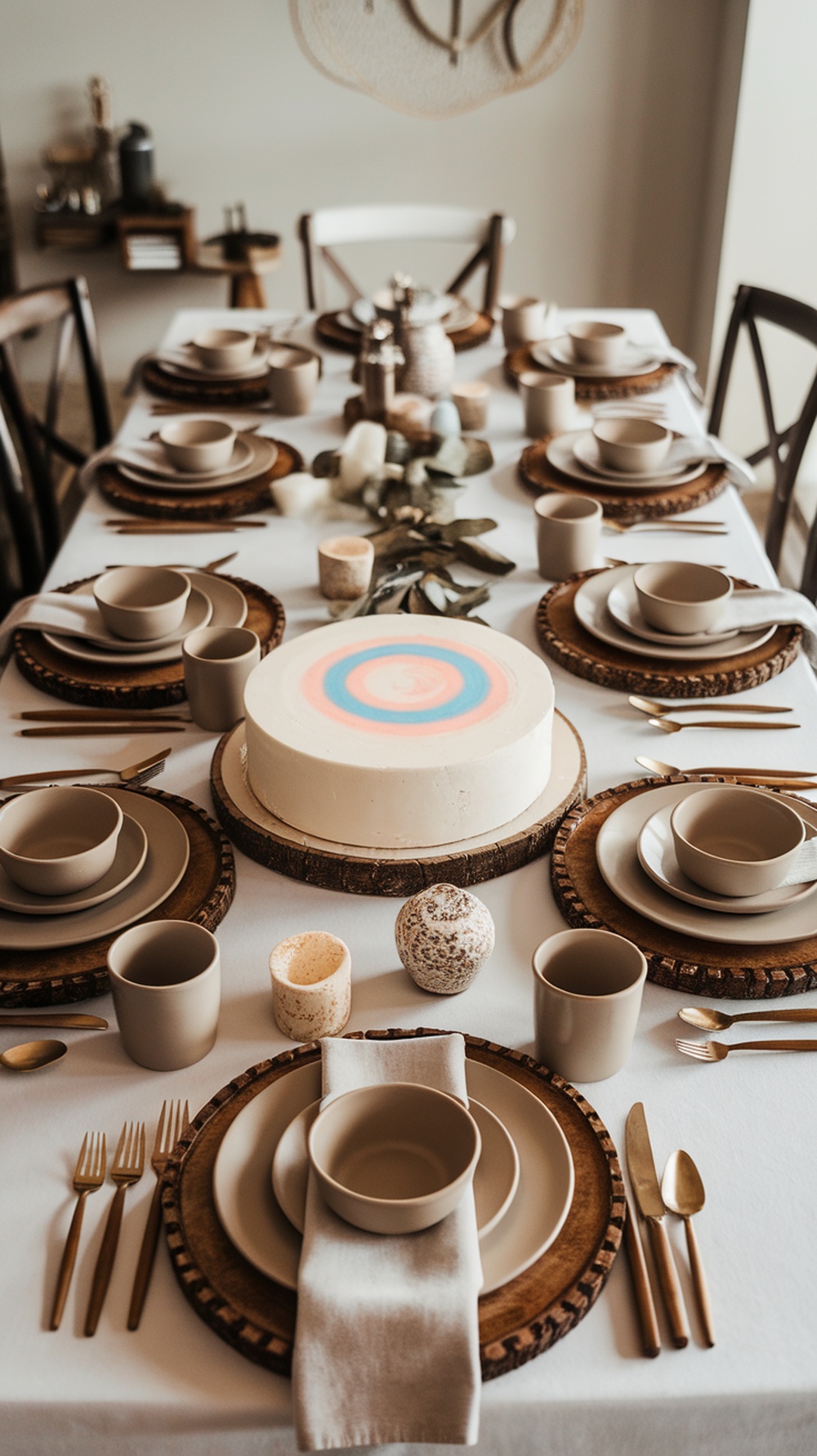 A beautifully set Thanksgiving table with a gender reveal cake at the center.