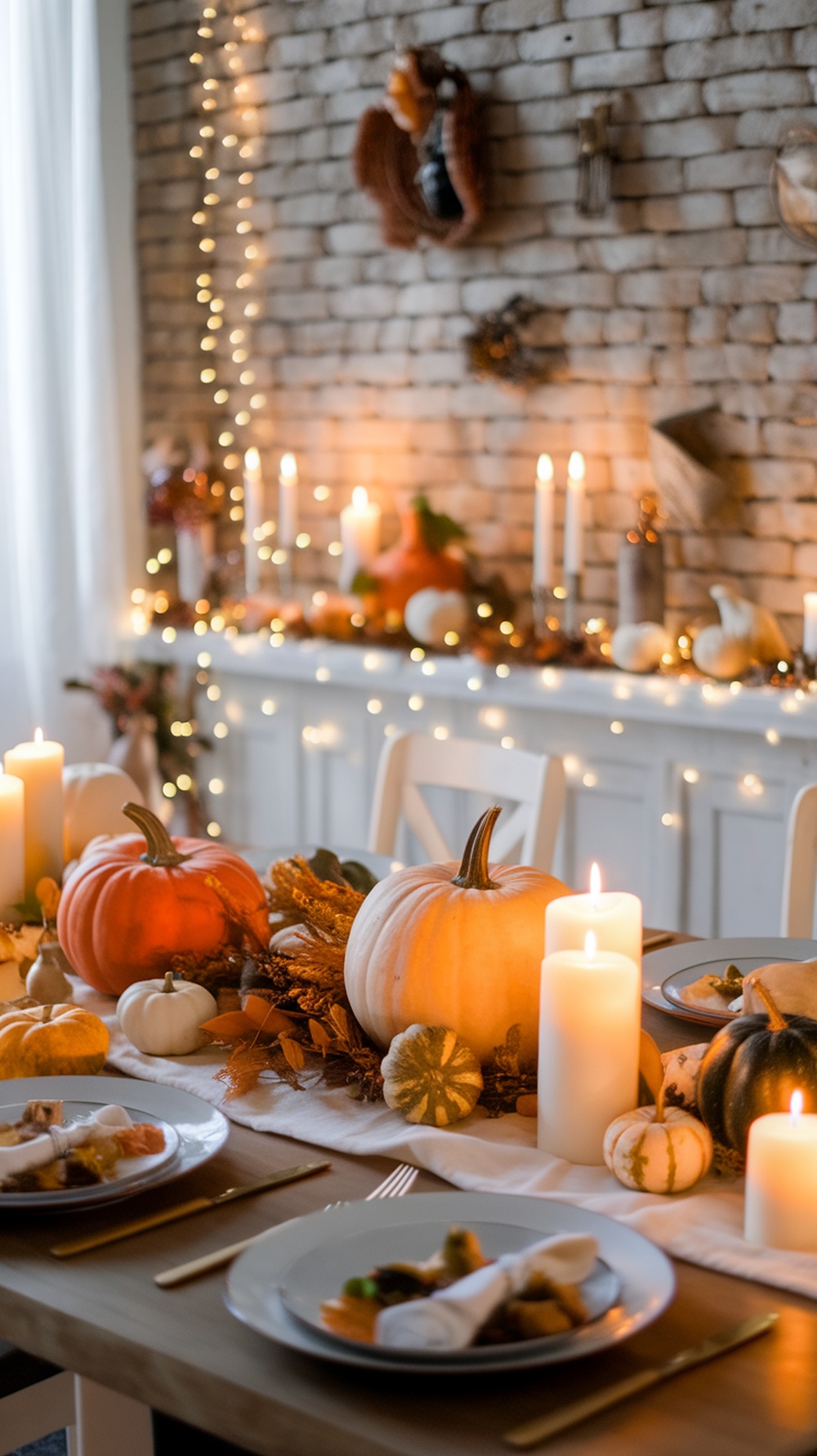 A beautifully arranged Thanksgiving table with pumpkins, candles, and twinkling lights.