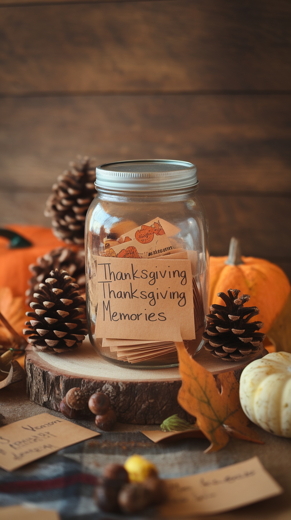 A Thanksgiving Memory Jar filled with notes, surrounded by pinecones, pumpkins, and autumn leaves.