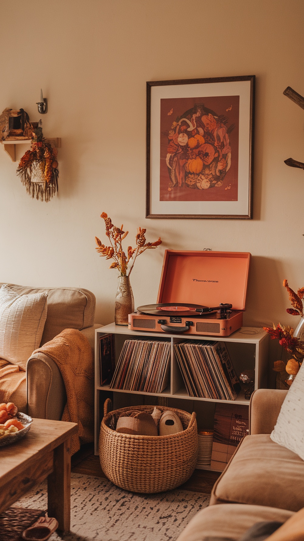 A cozy living room with a record player, vinyl records, and autumn decorations.