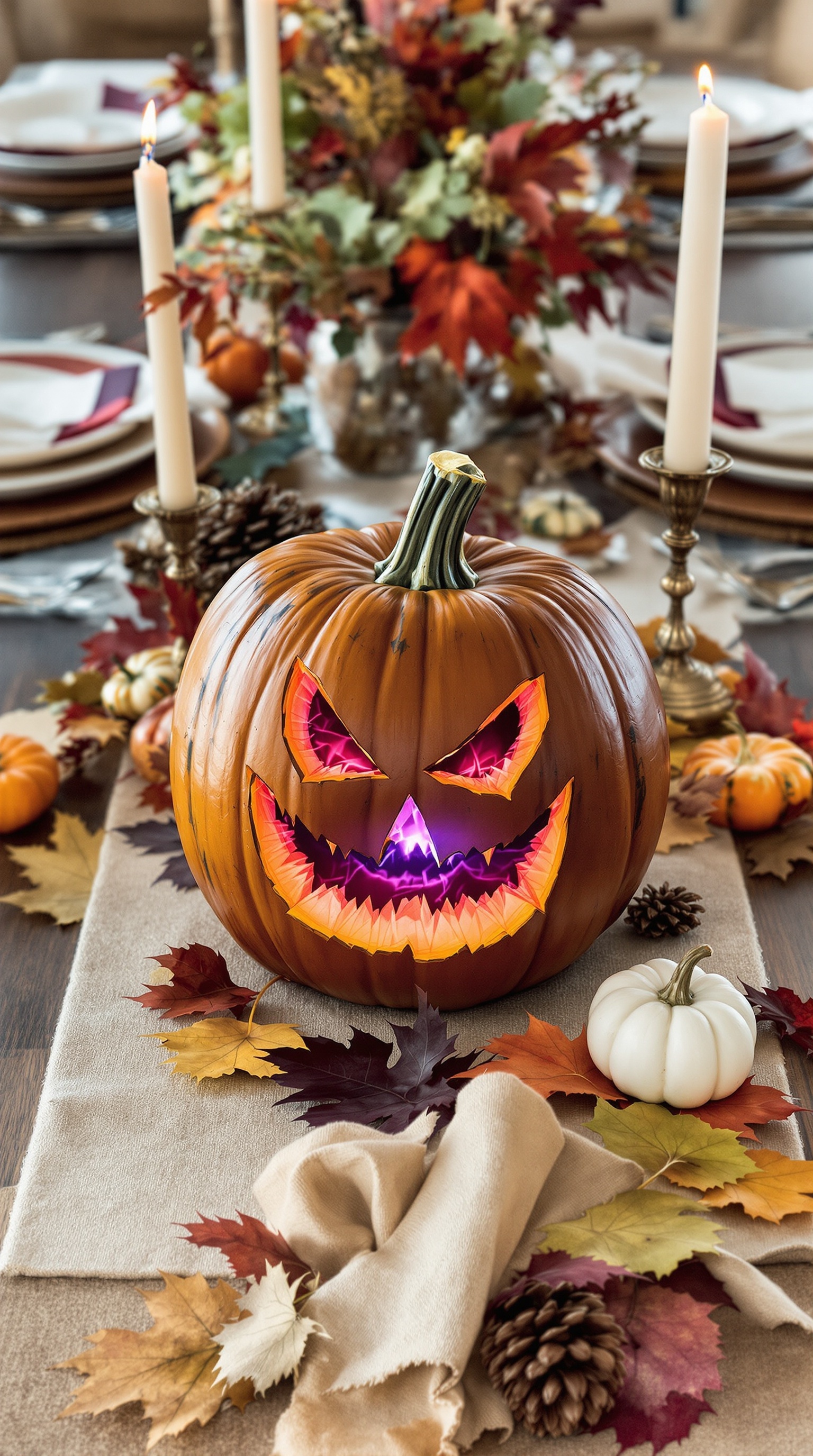 A festive Thanksgiving table with pumpkins, flowers, and a gender reveal pumpkin filled with pink treats.