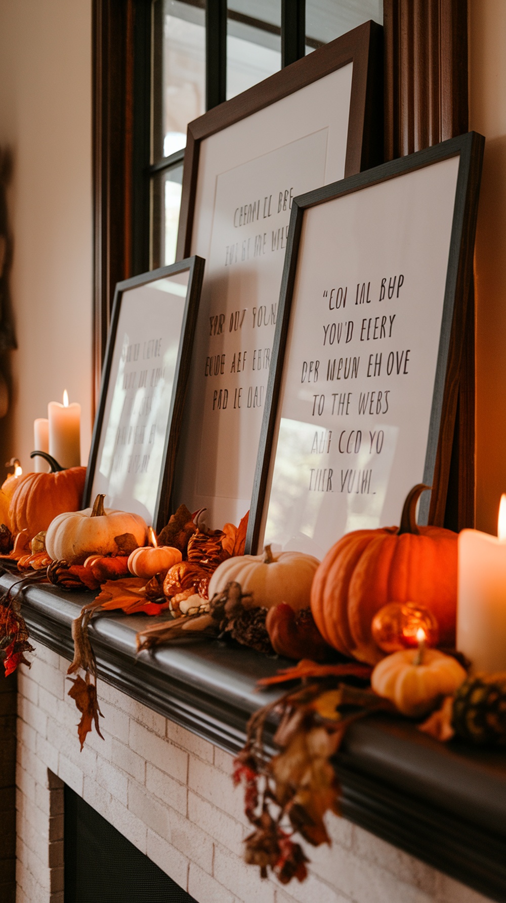A beautifully decorated mantel with framed Thanksgiving quotes, pumpkins, and candles.