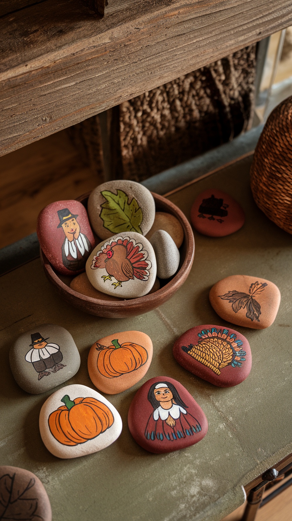 A collection of painted stones featuring Thanksgiving themes like turkeys, pumpkins, and pilgrims, displayed in a cozy setting.