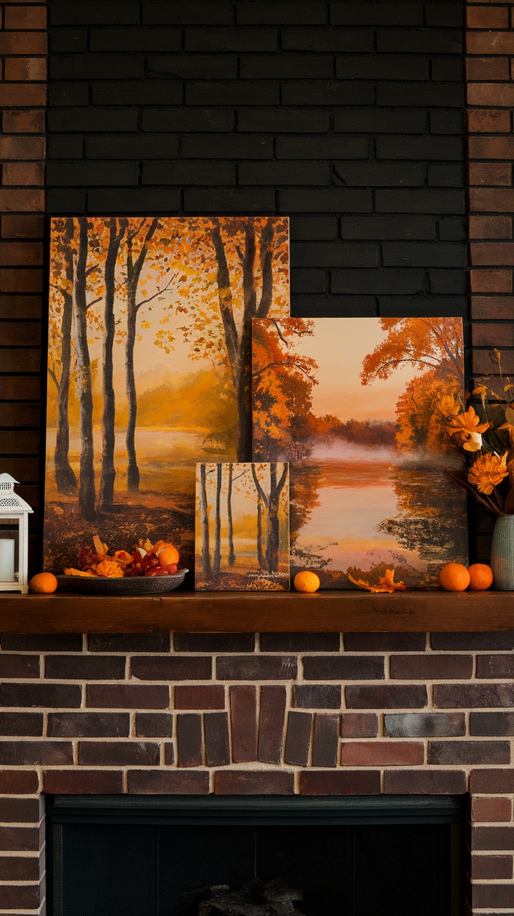 A mantel decorated with autumn-themed paintings, pumpkins, and a lantern.