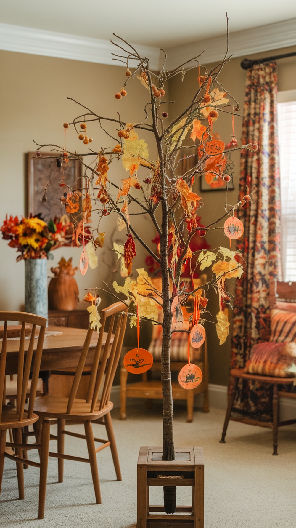 A Thanksgiving tree made of branches with colorful kid-made ornaments, set in a cozy dining area.