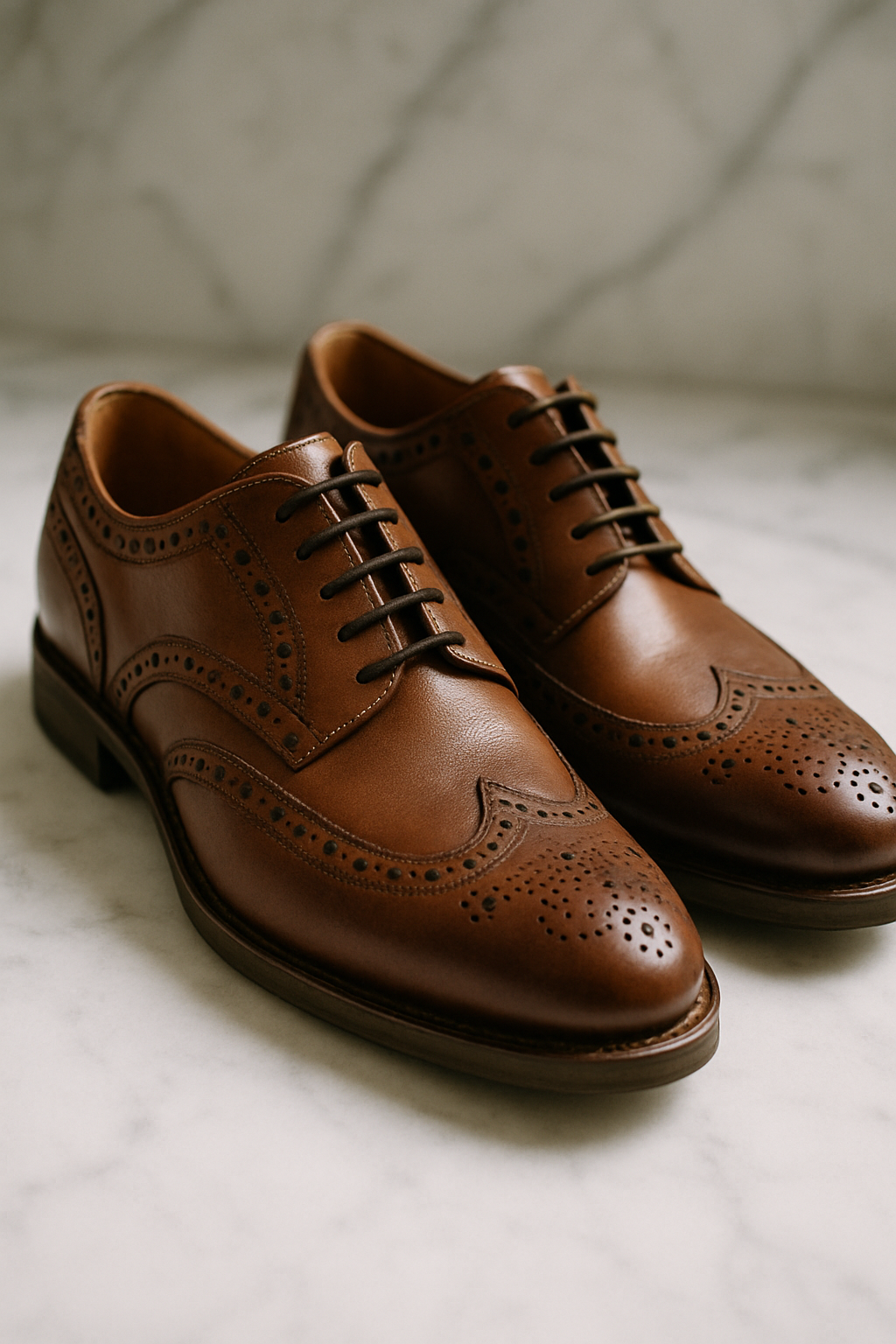 A pair of brown brogue shoes with intricate detailing on a marble surface.