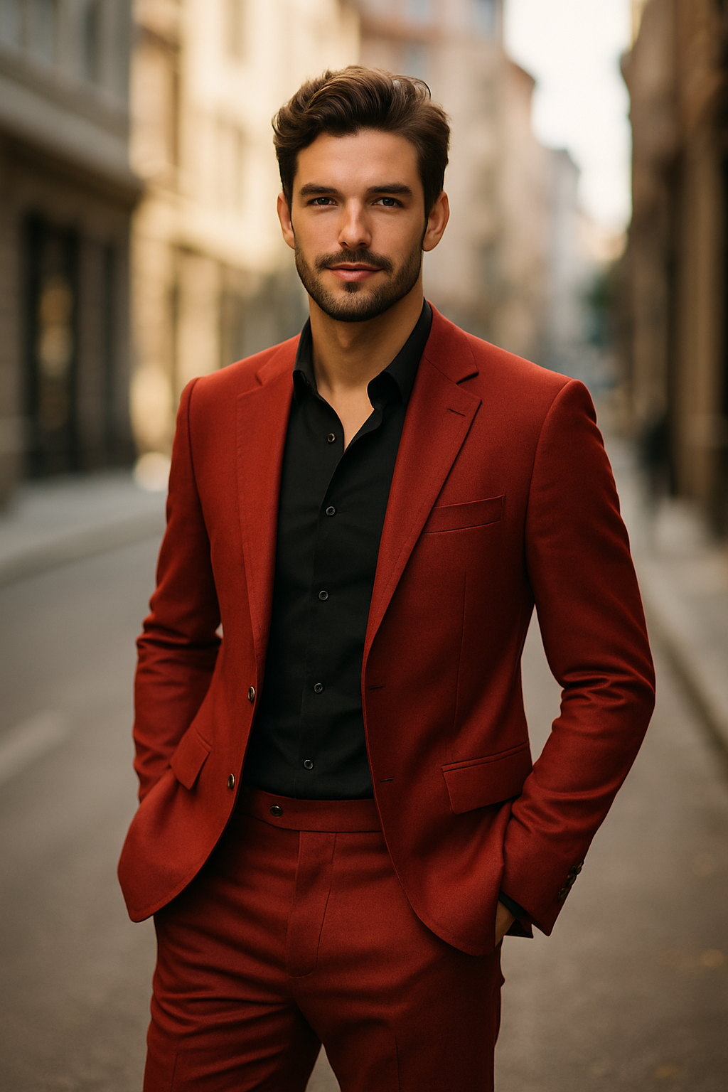 A man in a red suit standing confidently on a city street.
