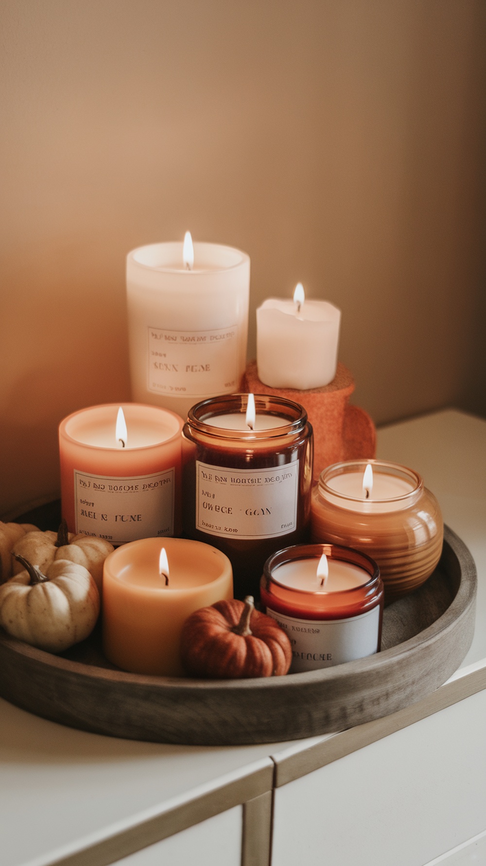 A cozy arrangement of various candles in warm colors, surrounded by small pumpkins.