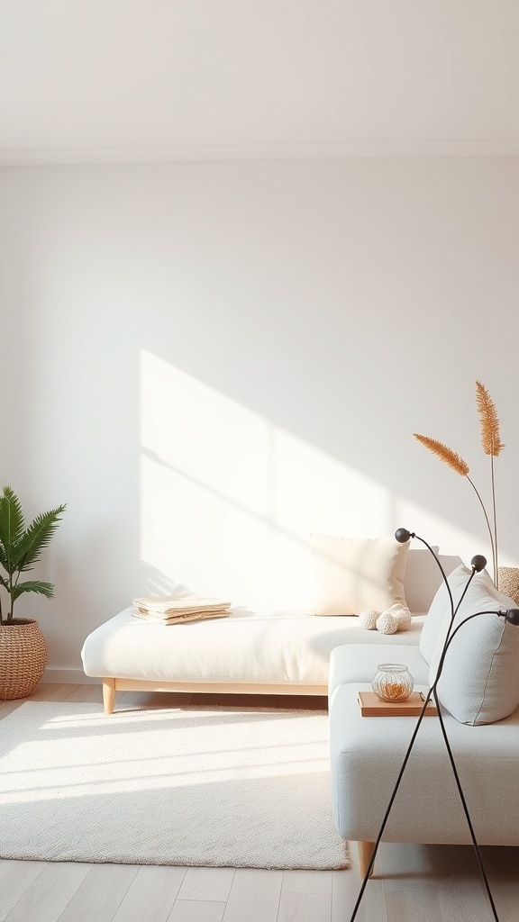 A bright and cozy minimalist living space with soft furniture and natural light.