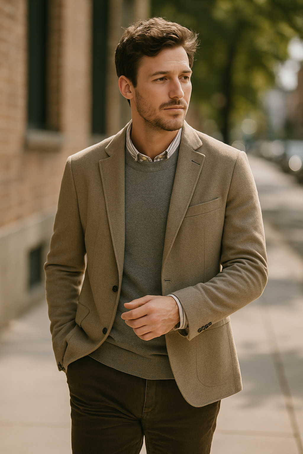 A young man wearing a khaki blazer over a gray sweater, walking confidently on a city street.