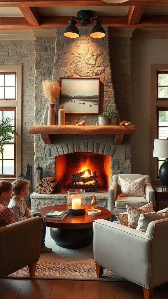 A cozy living room featuring a rustic stone fireplace with a warm fire, comfortable seating, and decorative elements.