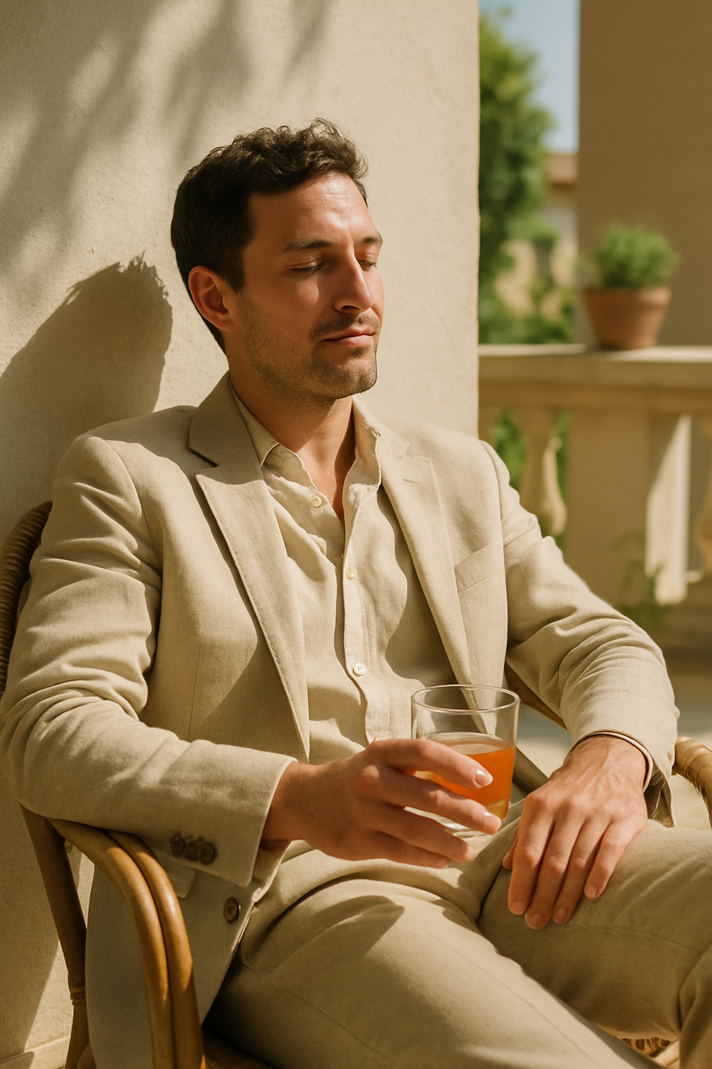 A man in a light linen suit sitting comfortably with a drink, enjoying a sunny day.