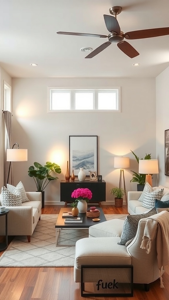 Cozy living room with layered lighting, featuring soft lamps, plants, and comfortable furniture.