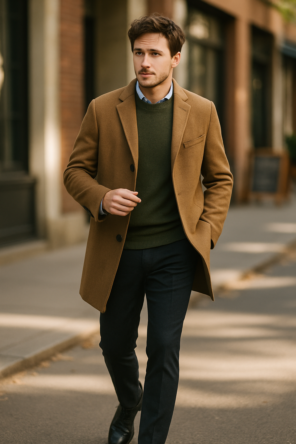 A man walking in a stylish coat and Oxfords shoes on a city street.