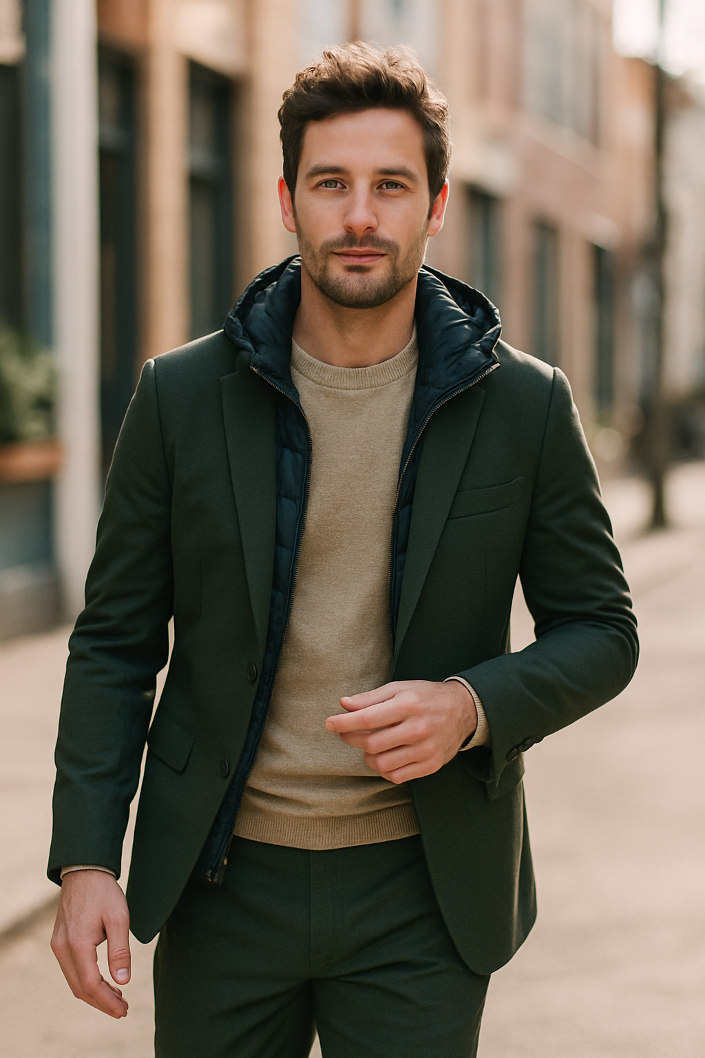 A man in a dark green suit with a beige sweater and a puffer jacket, walking confidently outdoors.