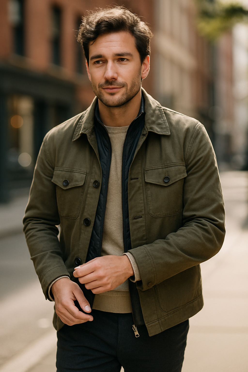 A man wearing a stylish jacket and sweater, showcasing modern fashion trends.