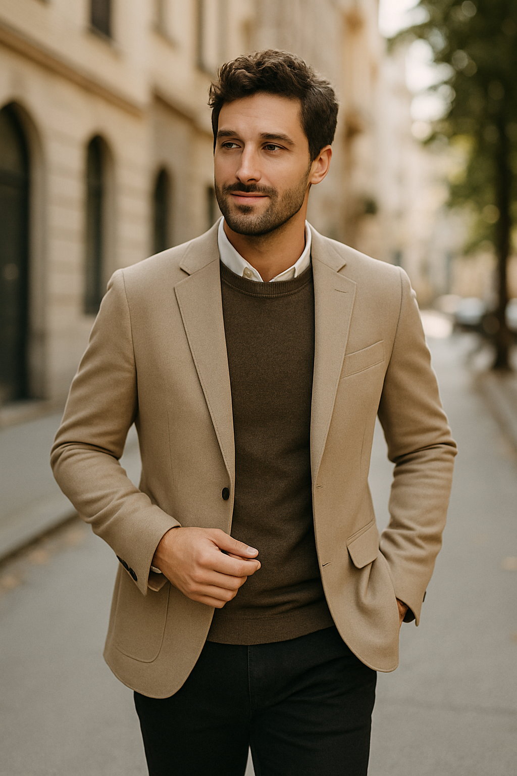 A man wearing a beige blazer with a brown sweater, walking on a street