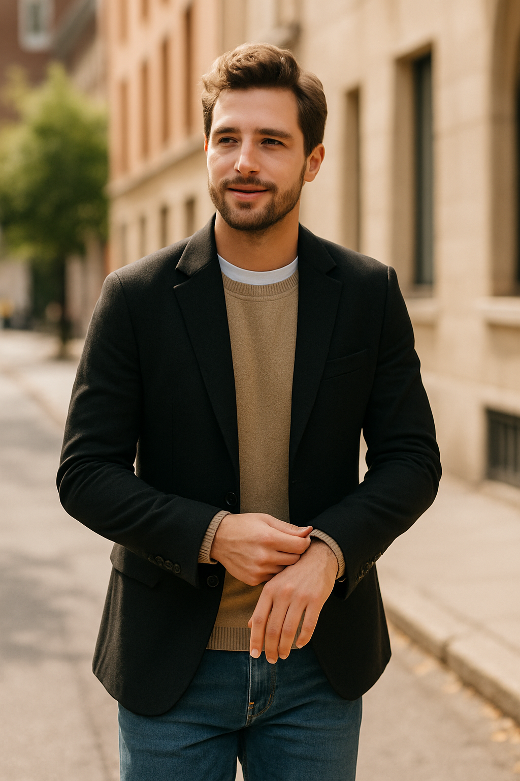 A man wearing a black blazer and beige sweater, standing on a city street.