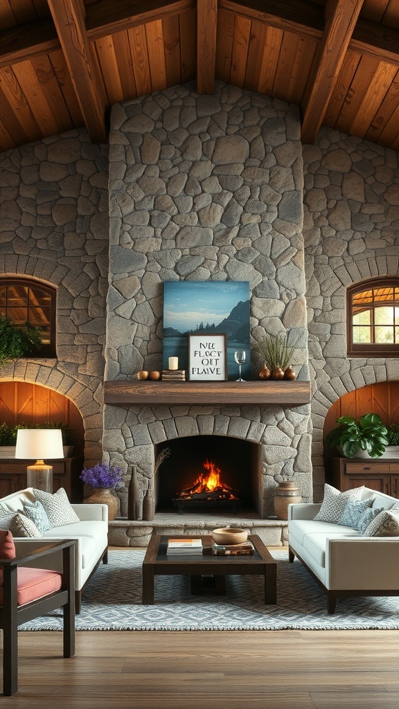 A rustic stone fireplace with a warm fire, surrounded by cozy seating and wooden accents.