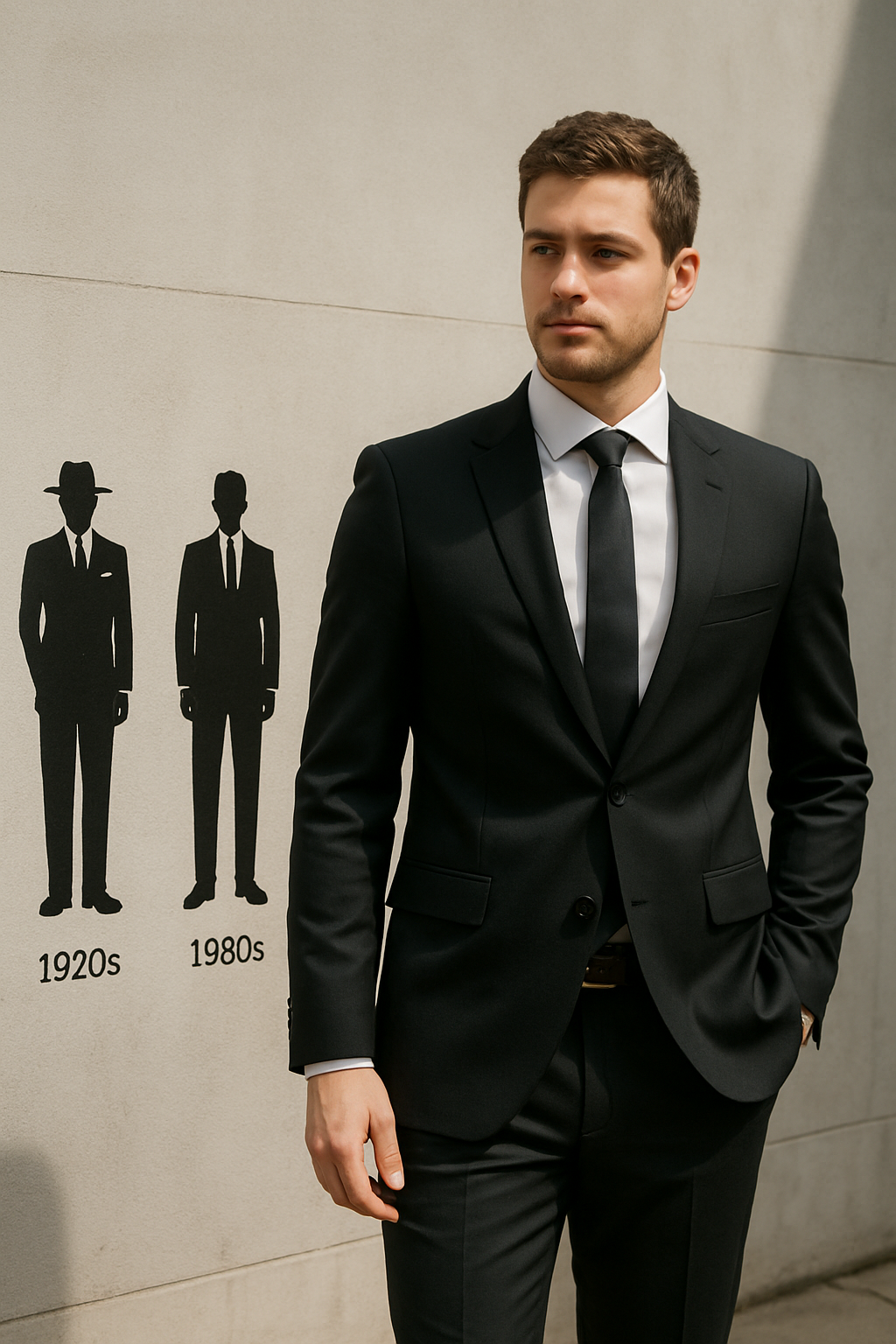 A modern man in a black suit with silhouettes of 1920s and 1980s suits in the background.