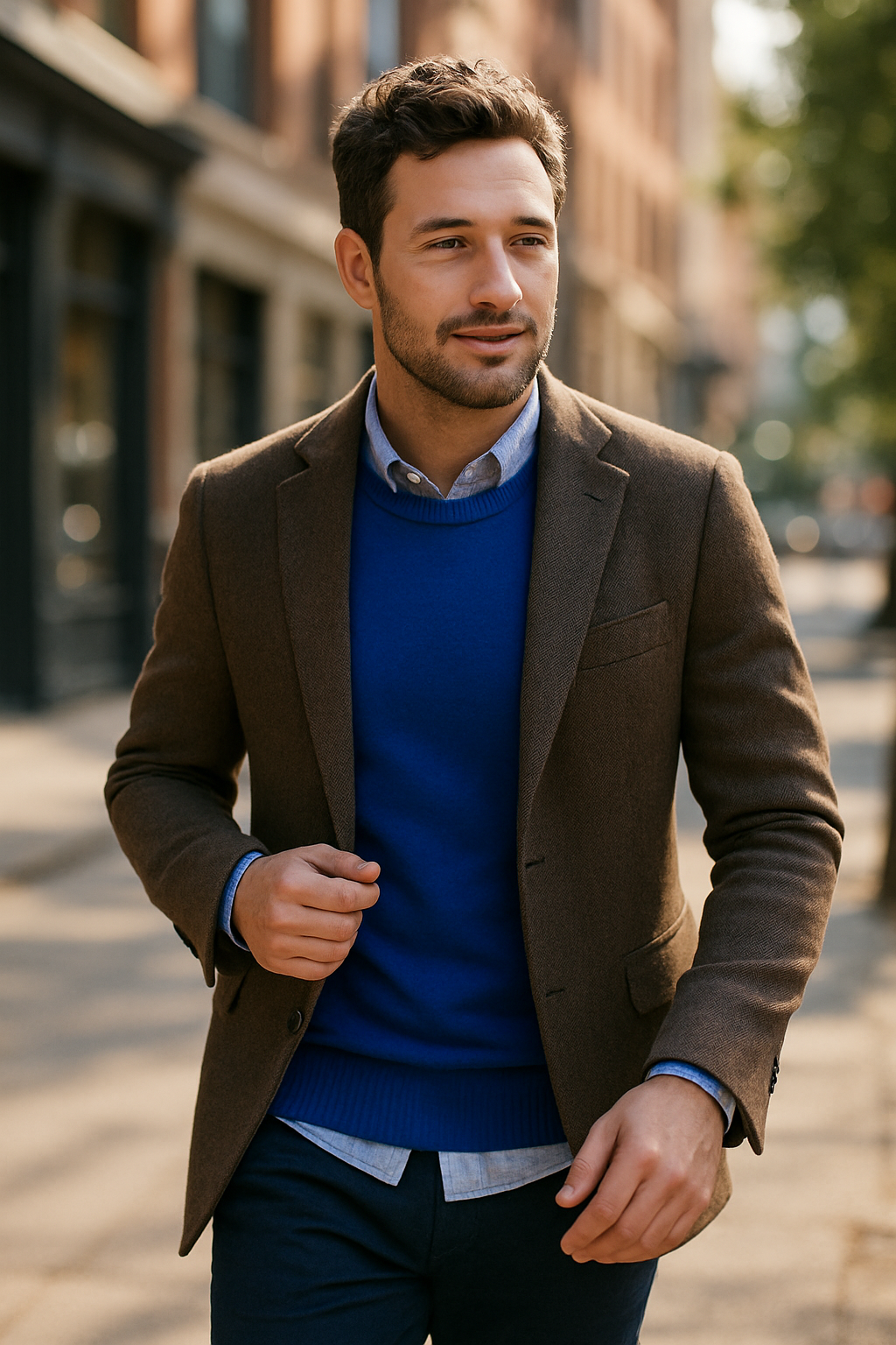 A man walking in a brown blazer and royal blue sweater, showcasing a modern fashion style.