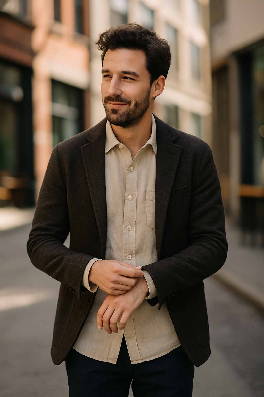 A stylish man wearing a beige linen shirt and a dark blazer, smiling while standing on a city street.
