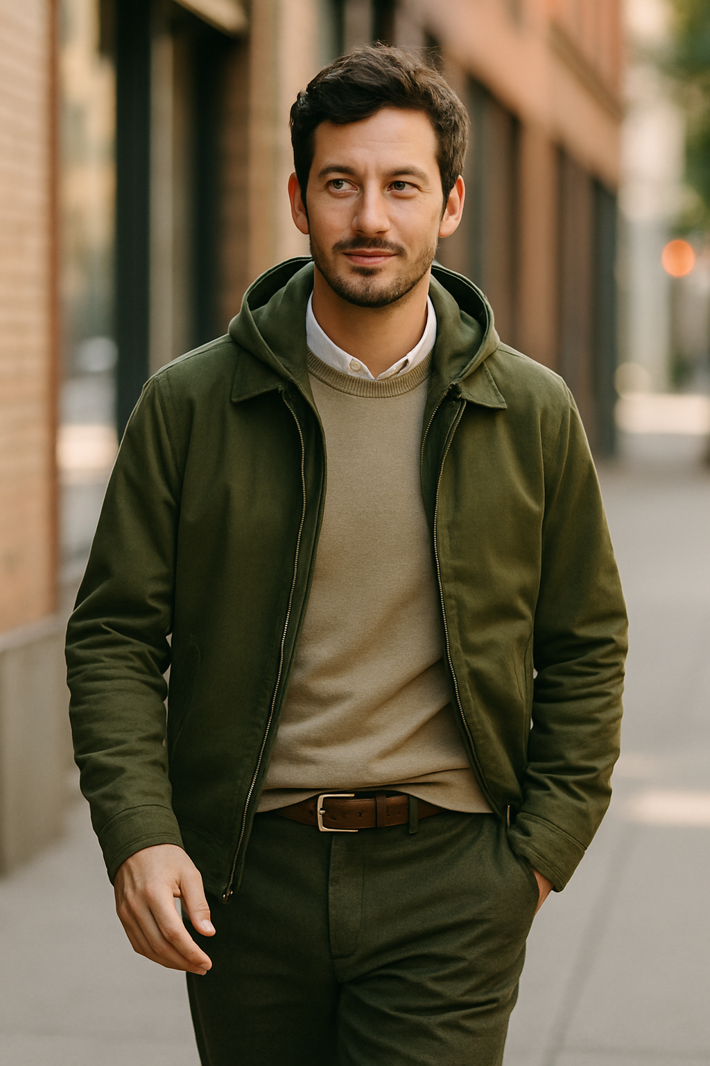 A man wearing an olive green suit with a hooded jacket, walking in an urban setting.