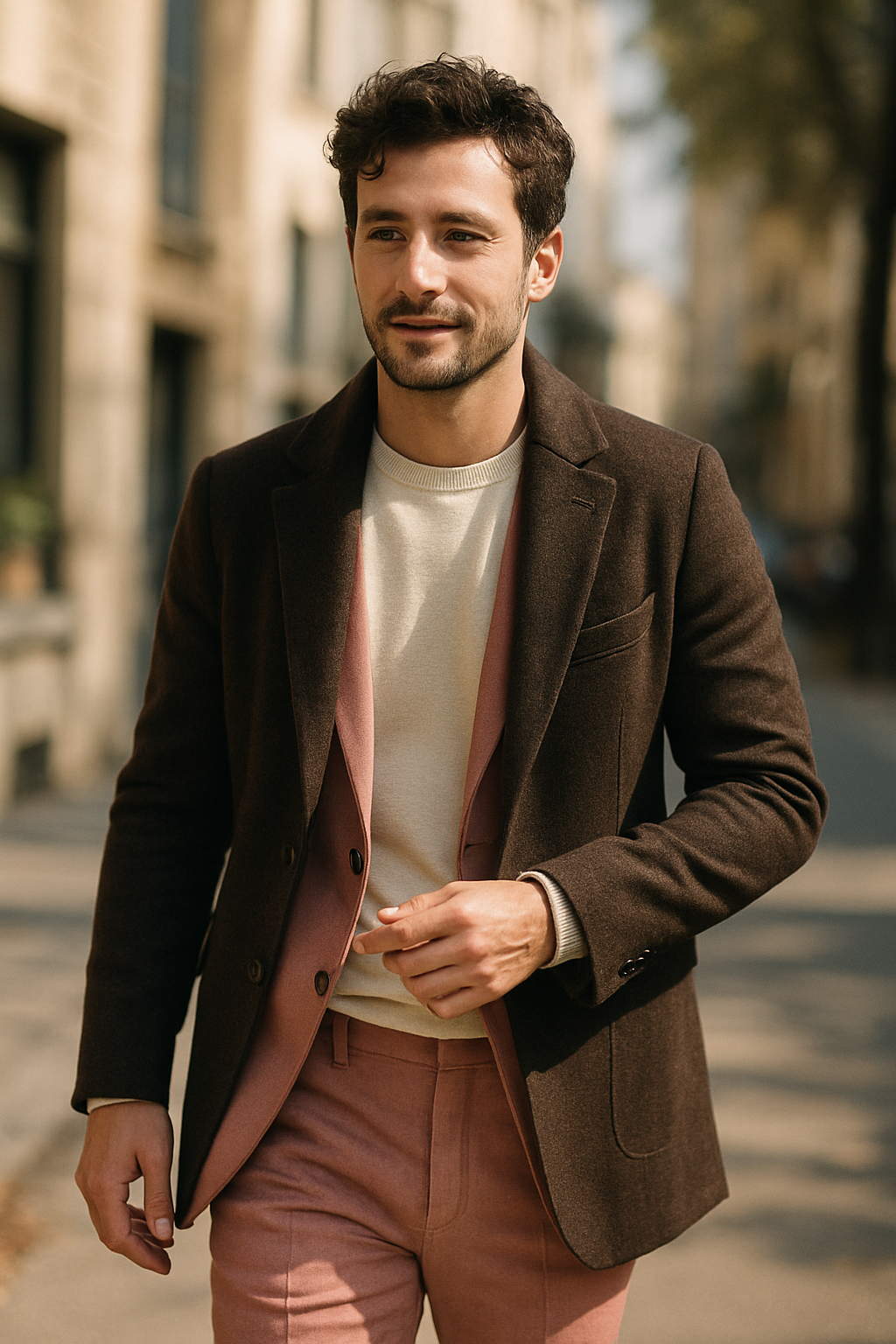 A man wearing a pink suit with a brown jacket, walking confidently on a city street.