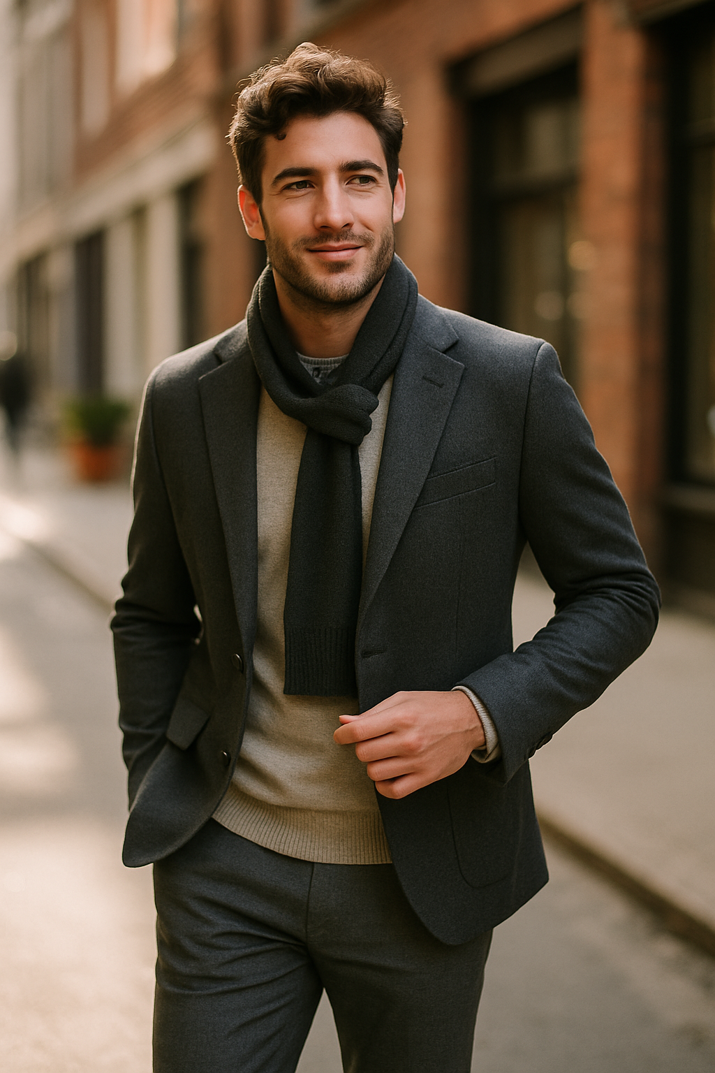 A man in a gray suit with a scarf, walking confidently in a city street.
