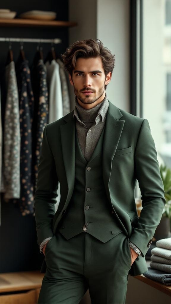 A man in a stylish green suit with a turtleneck, showcasing modern fashion trends.