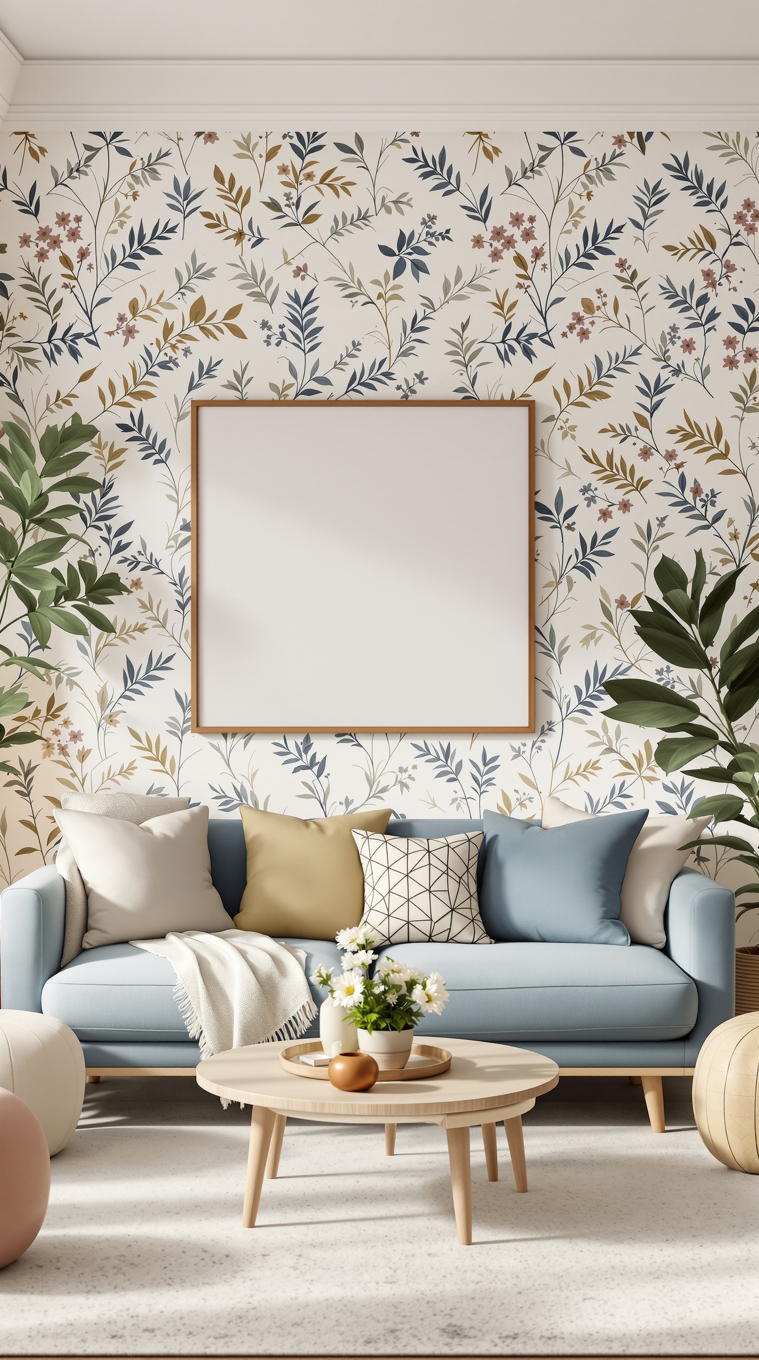 Cozy living room with floral wallpaper, blue couch, and wooden coffee table
