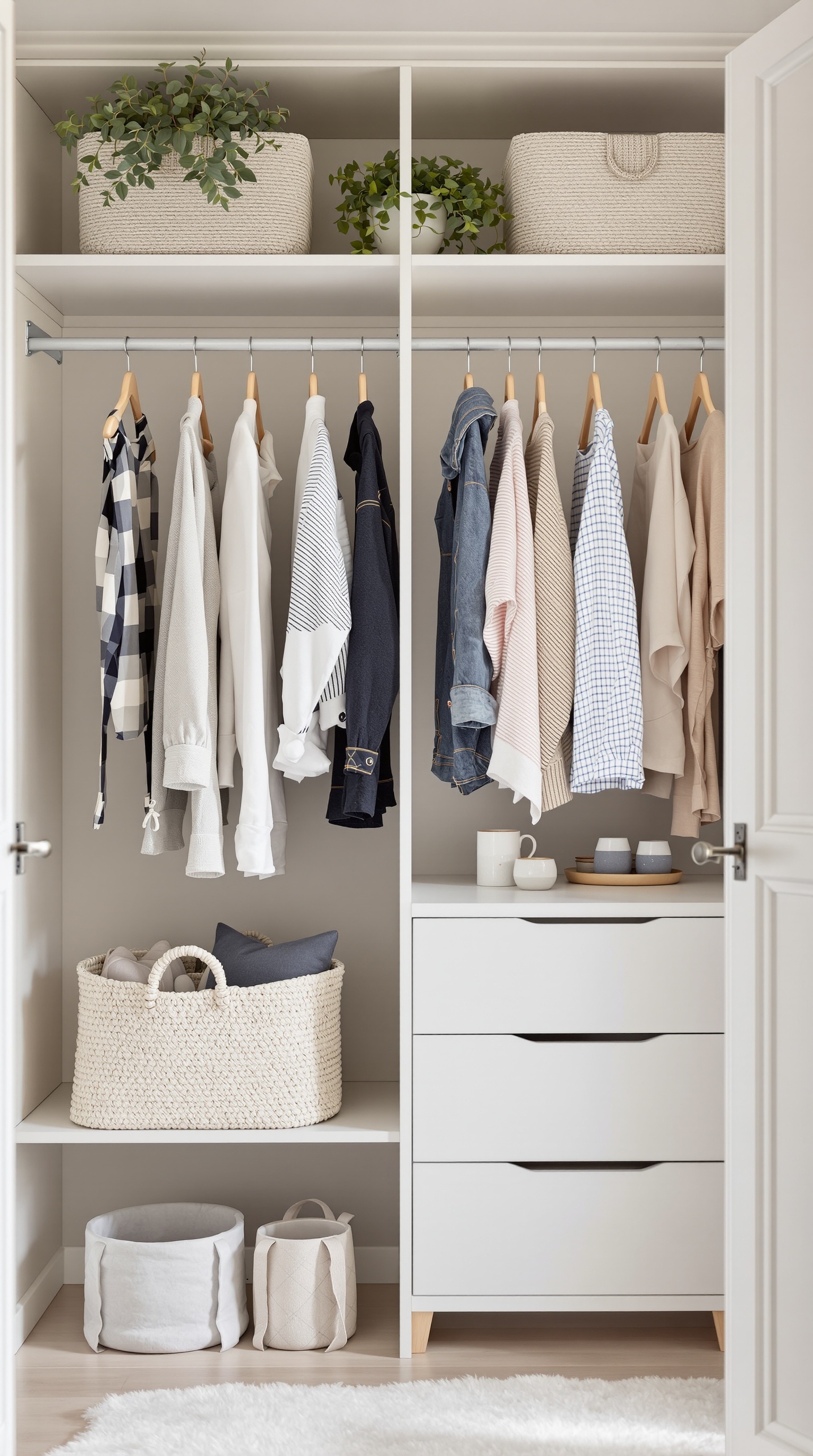 A neatly organized baby closet with clothes hanging on a rod and storage baskets on shelves.