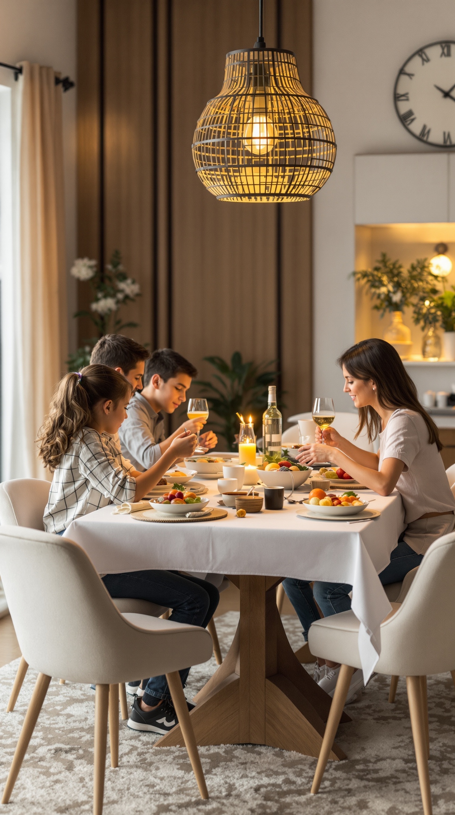 A family enjoying a technology-free dinner at a well-set table with food and drinks.