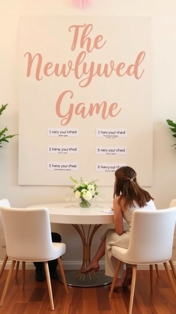 A stylish setup for The Newlywed Game at a bridal shower with a sign and elegant decor.