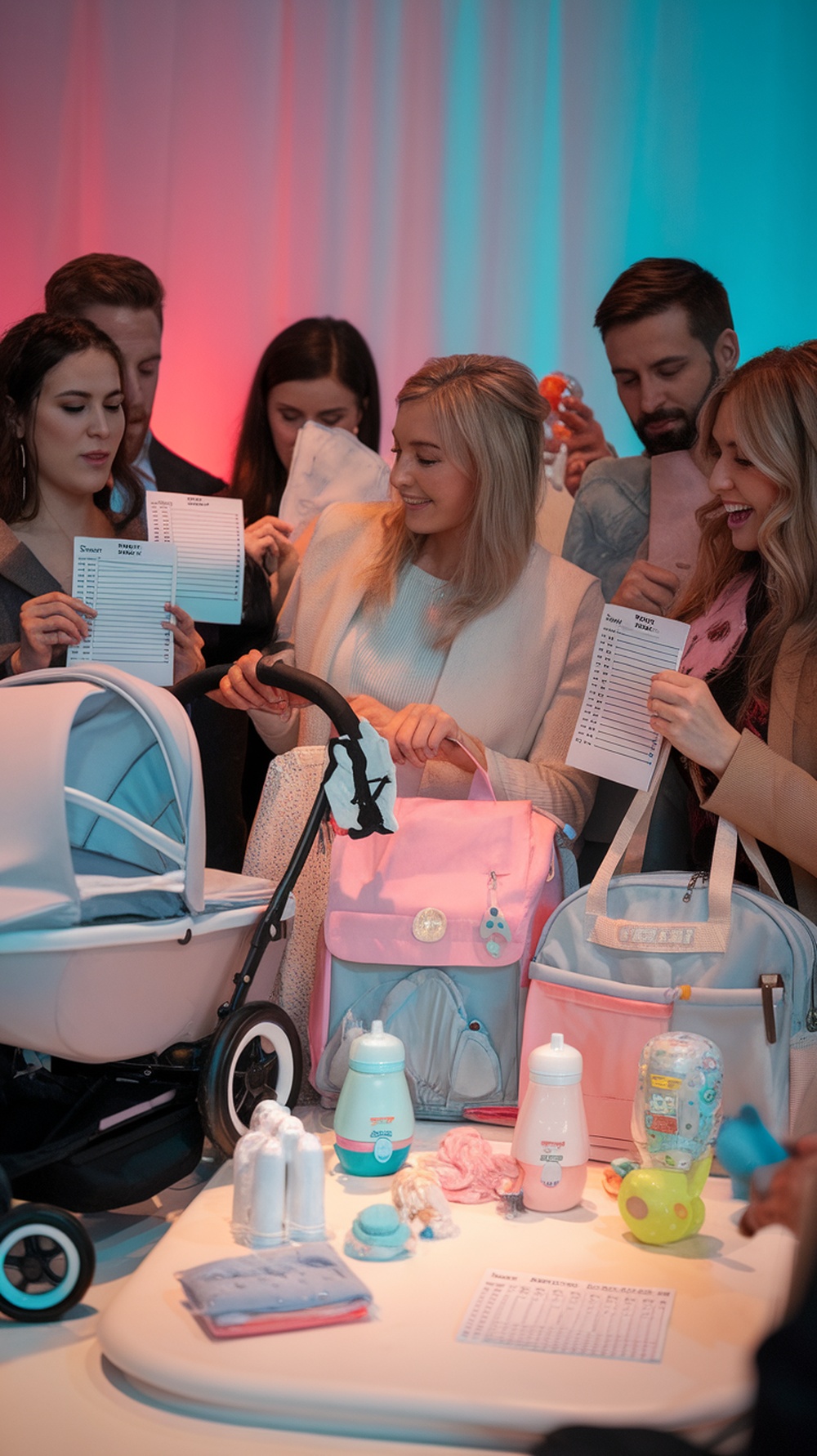 Group of people participating in a baby shower game, holding lists and looking at baby items.