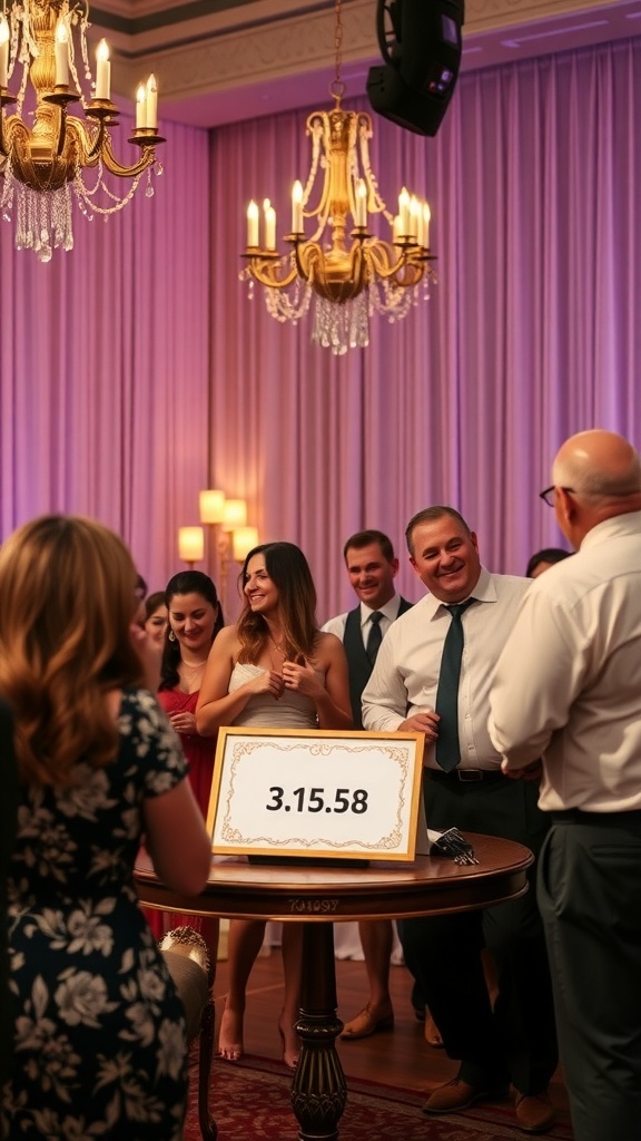 A group of people enjoying a bridal shower game called 'The Price is Right: Wedding Edition', with a sign displaying '3.15.58' on a table.