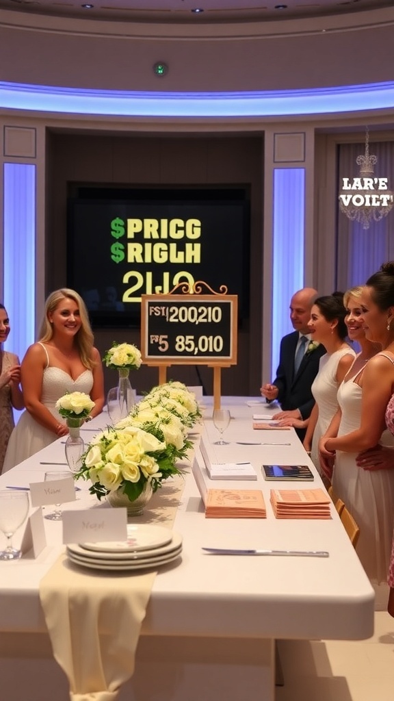 A bridal shower game setup with a table decorated with flowers, game sign, and guests participating in The Price is Right wedding edition.