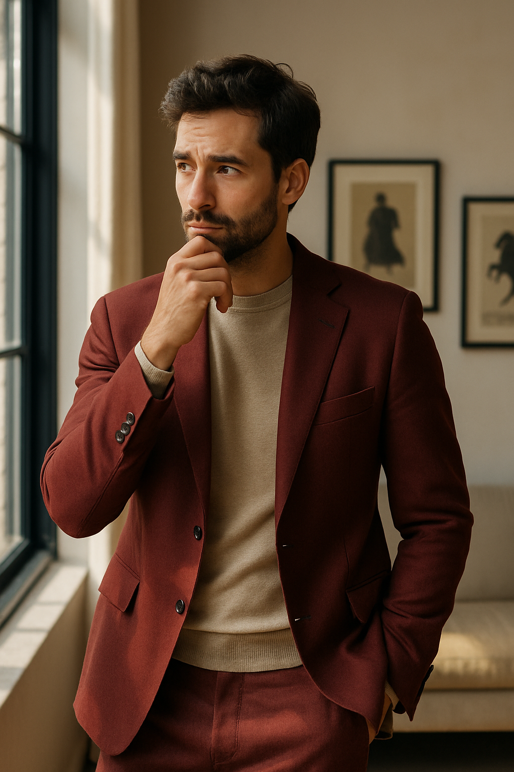 A man in a red suit, looking thoughtful, standing by a window.