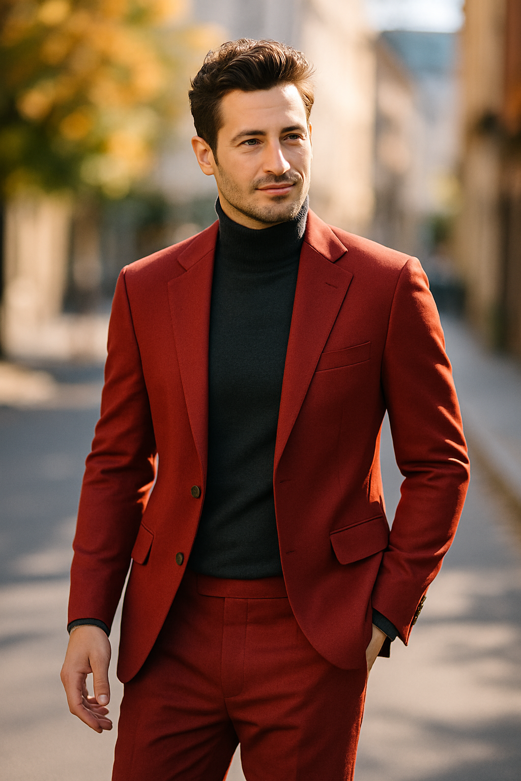 A man wearing a red suit and black turtleneck, standing confidently on a city street.