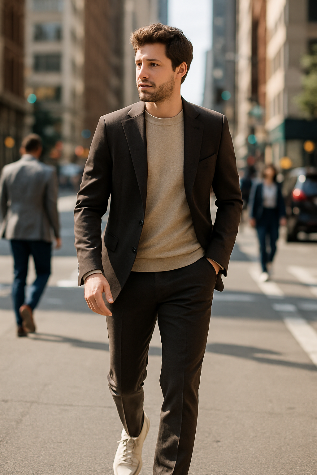 A man walking in a tailored suit with sneakers in a city setting.