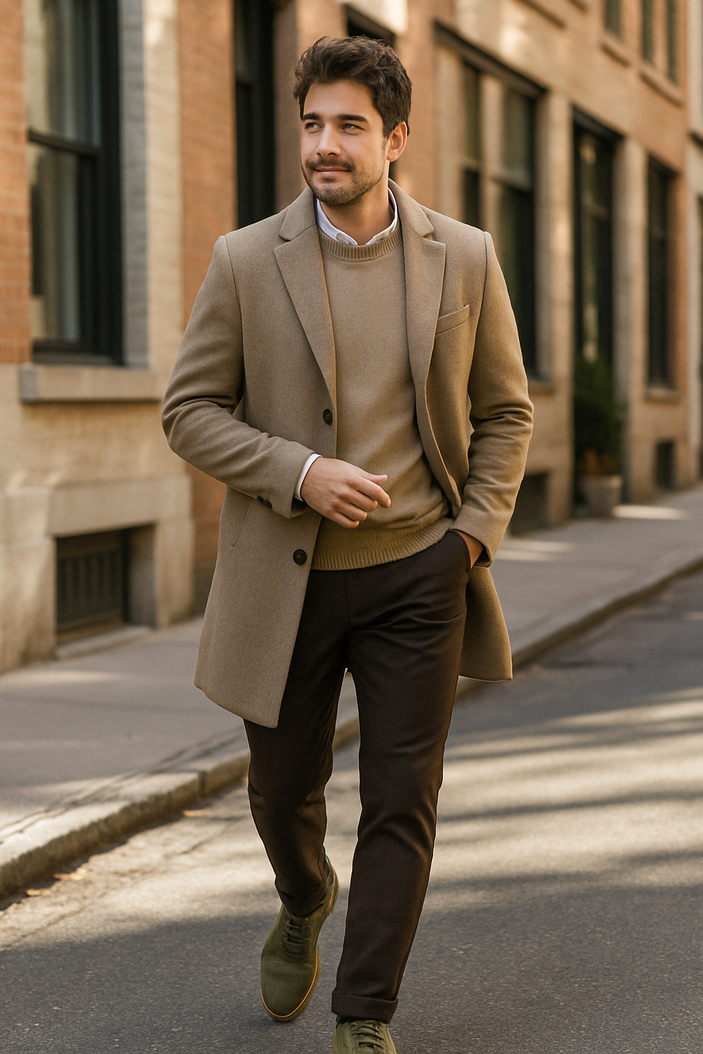 A man walking in a stylish outfit featuring sustainable dress shoes.