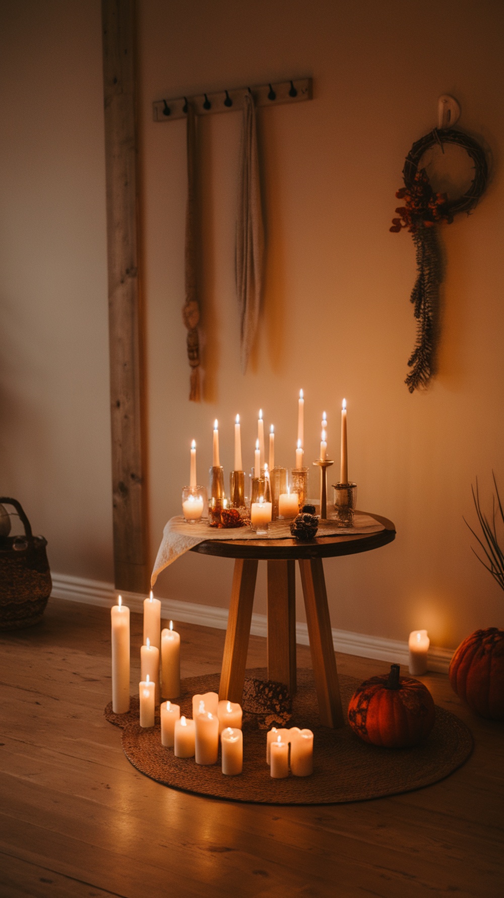 A cozy Thanksgiving setup with various candles on a table, creating a warm and inviting atmosphere.