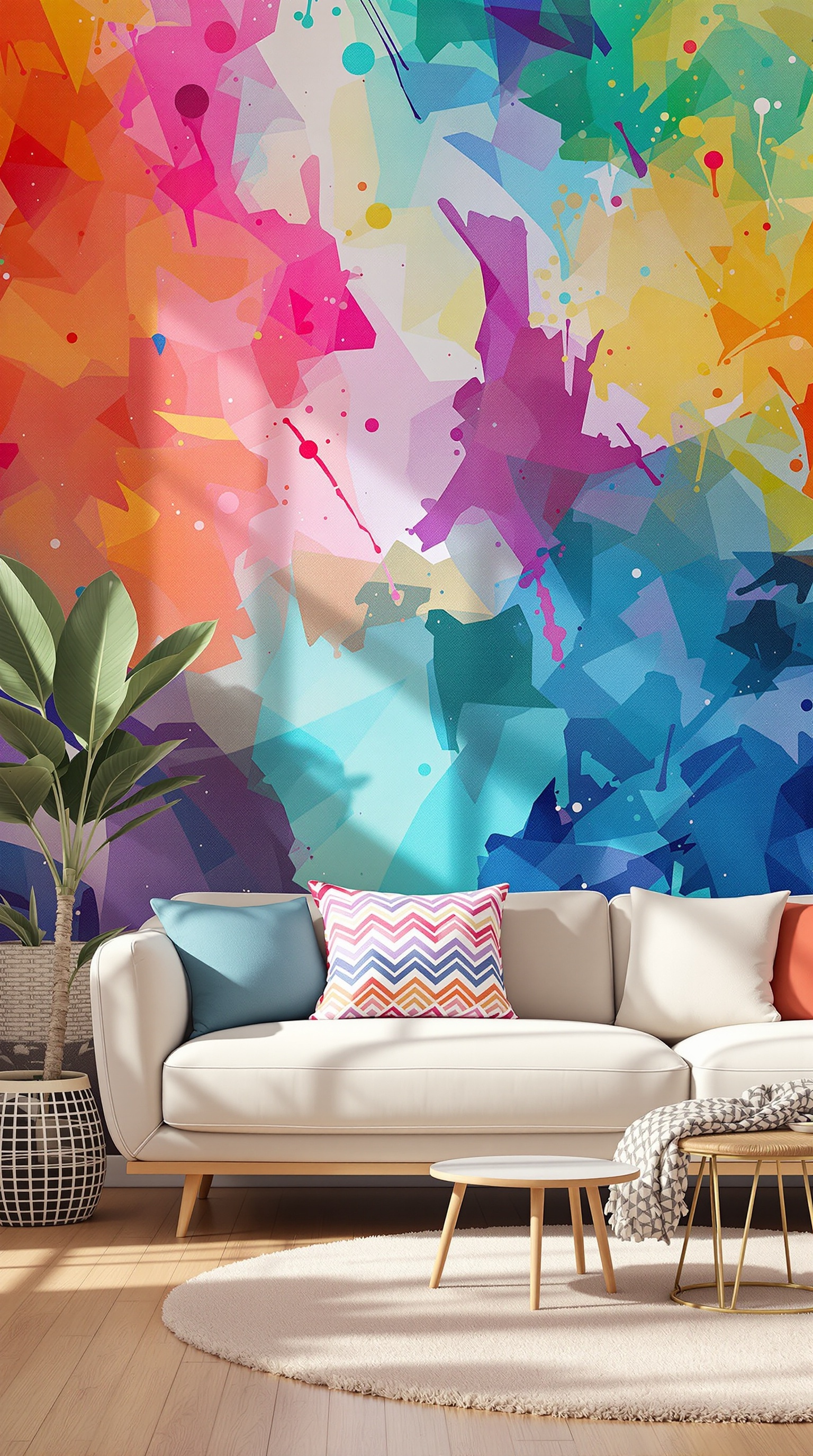 A colorful family wallpaper featuring vibrant hues and abstract shapes, with a cozy couch and decorative pillows in a bright living room.